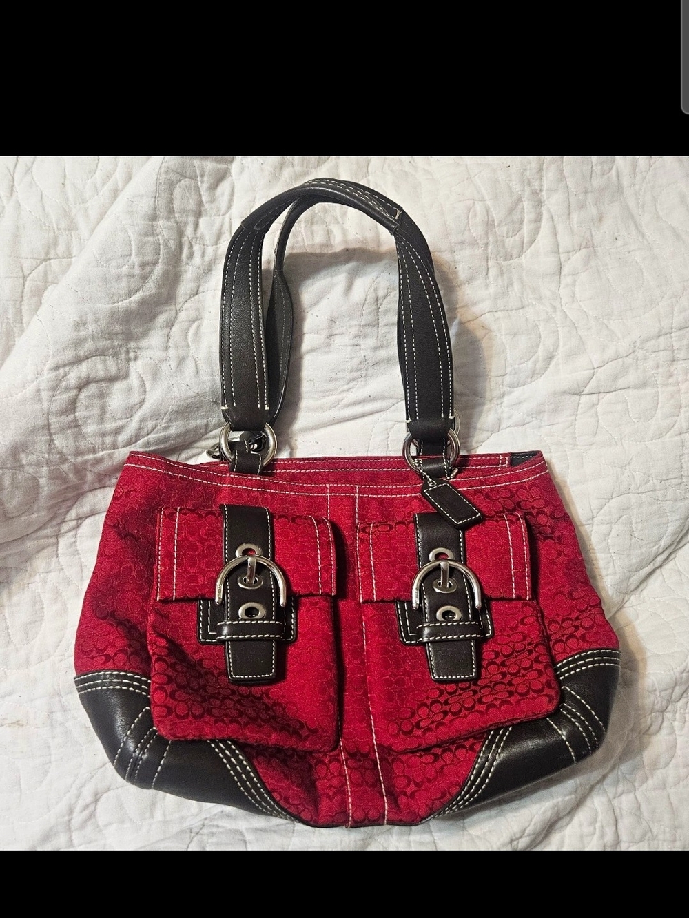 Vintage Coach Red Signature Canvas Tote with Brown Leather Trim